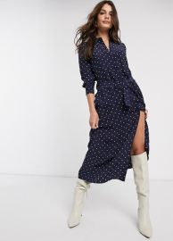 amp  Other Stories polka dot button-through belted shirt dress in dark blue   ASOS at Asos